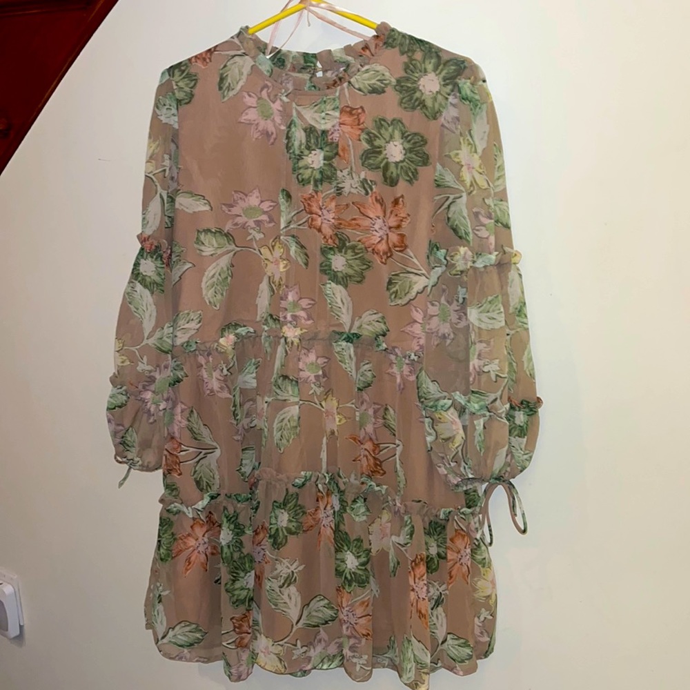 Floral Tiered Midi Dress in Taupe with Green Accents